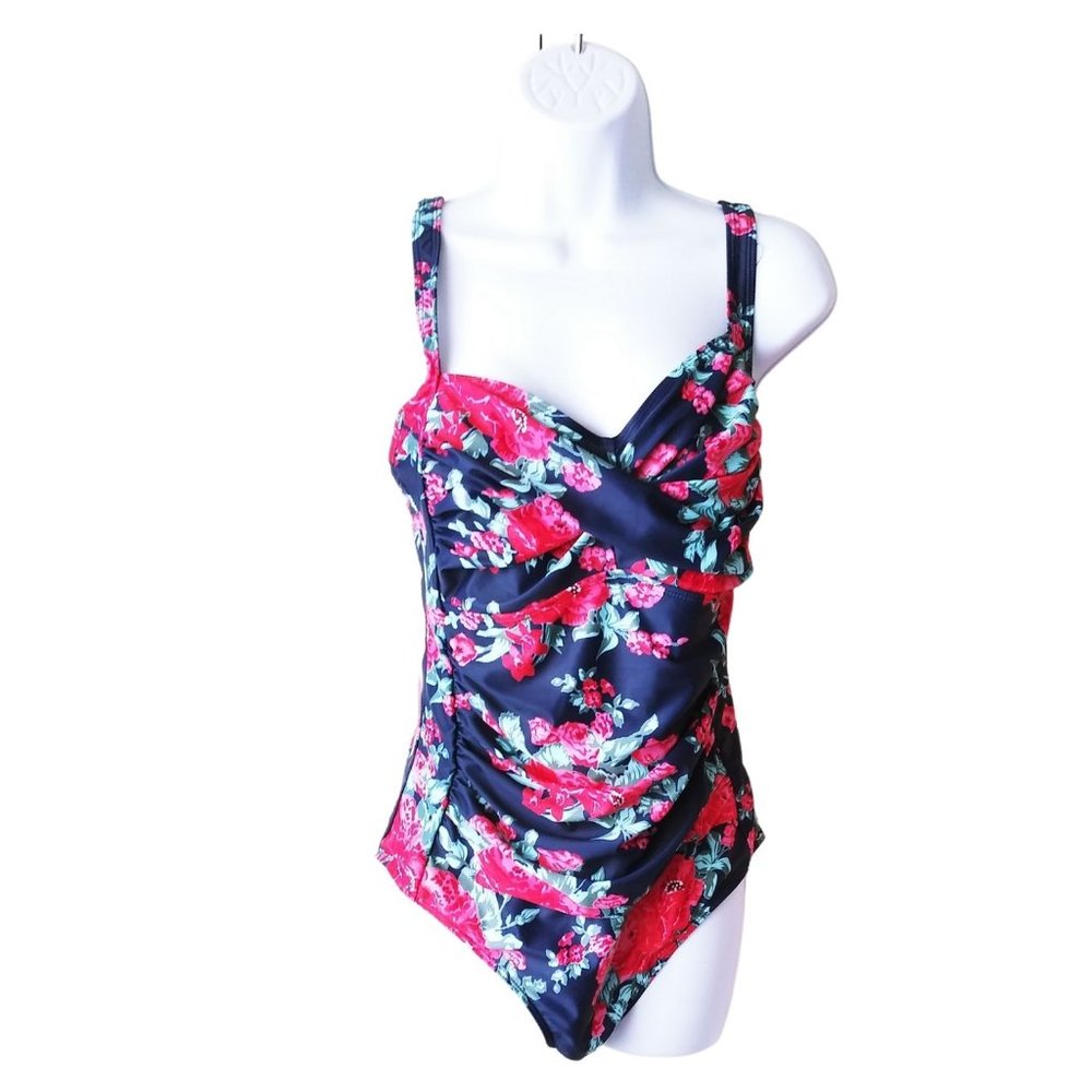 SWIMSUIT ONE PIECE BLUE WITH FLORAL DESIGN NWOT